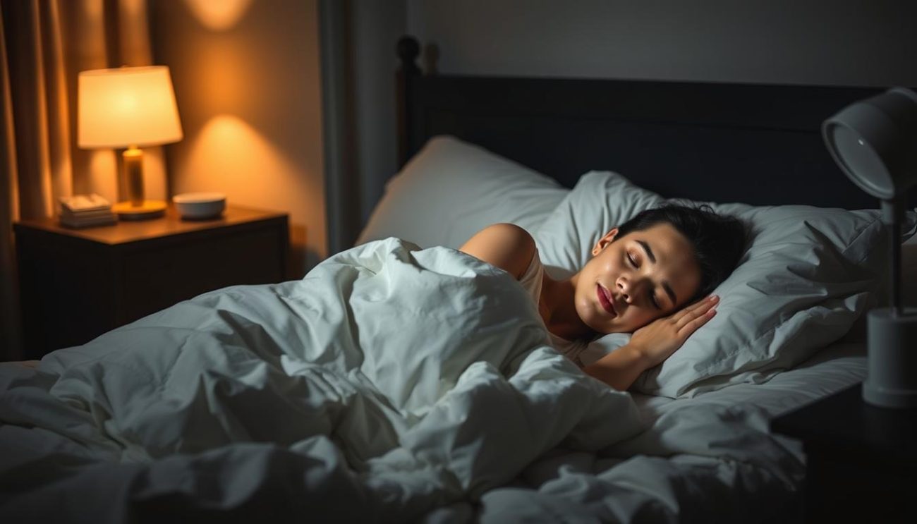 Person sleeping peacefully in darkened room, demonstrating sleep quality benefits of waking up early