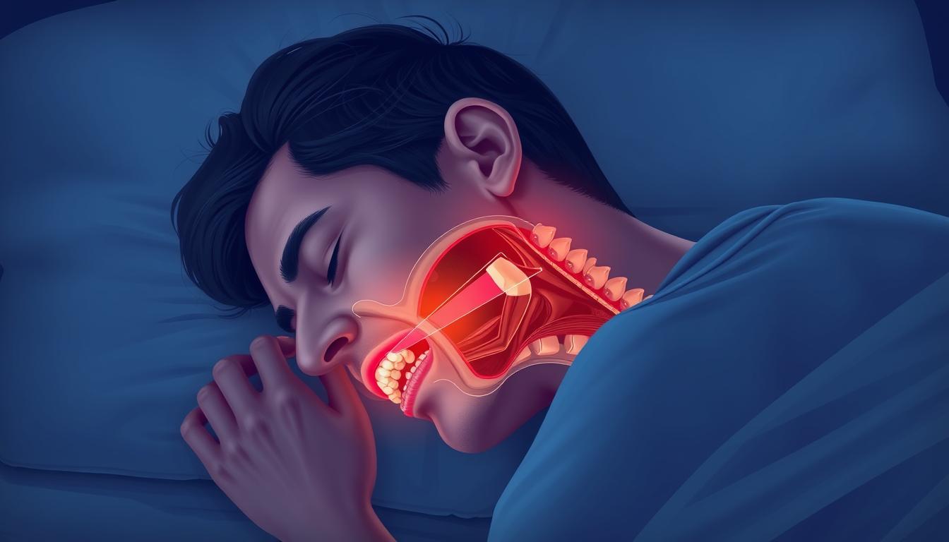 Person sleeping with visible teeth grinding symptoms