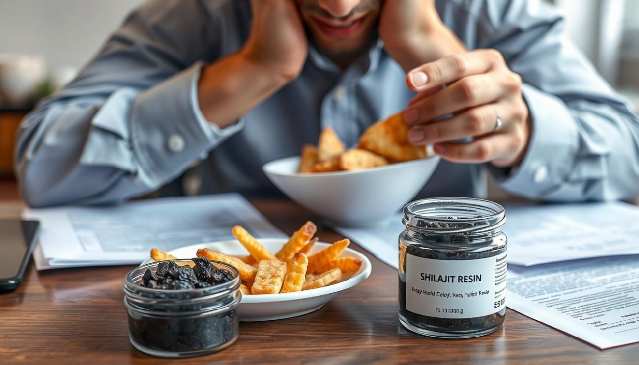 Person stress eating while working at desk with Shilajit for stress eating and weight gain supplement nearby