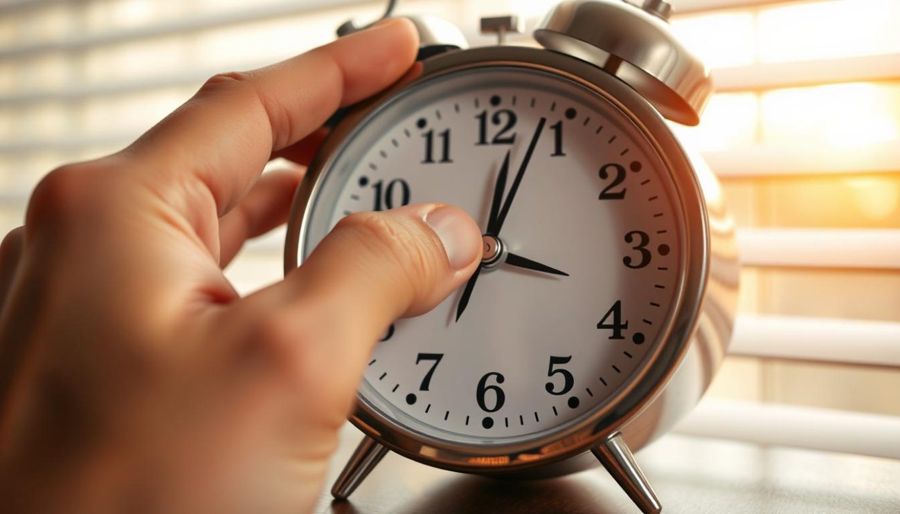 Person struggling to hit the snooze button on an alarm clock showing early morning time