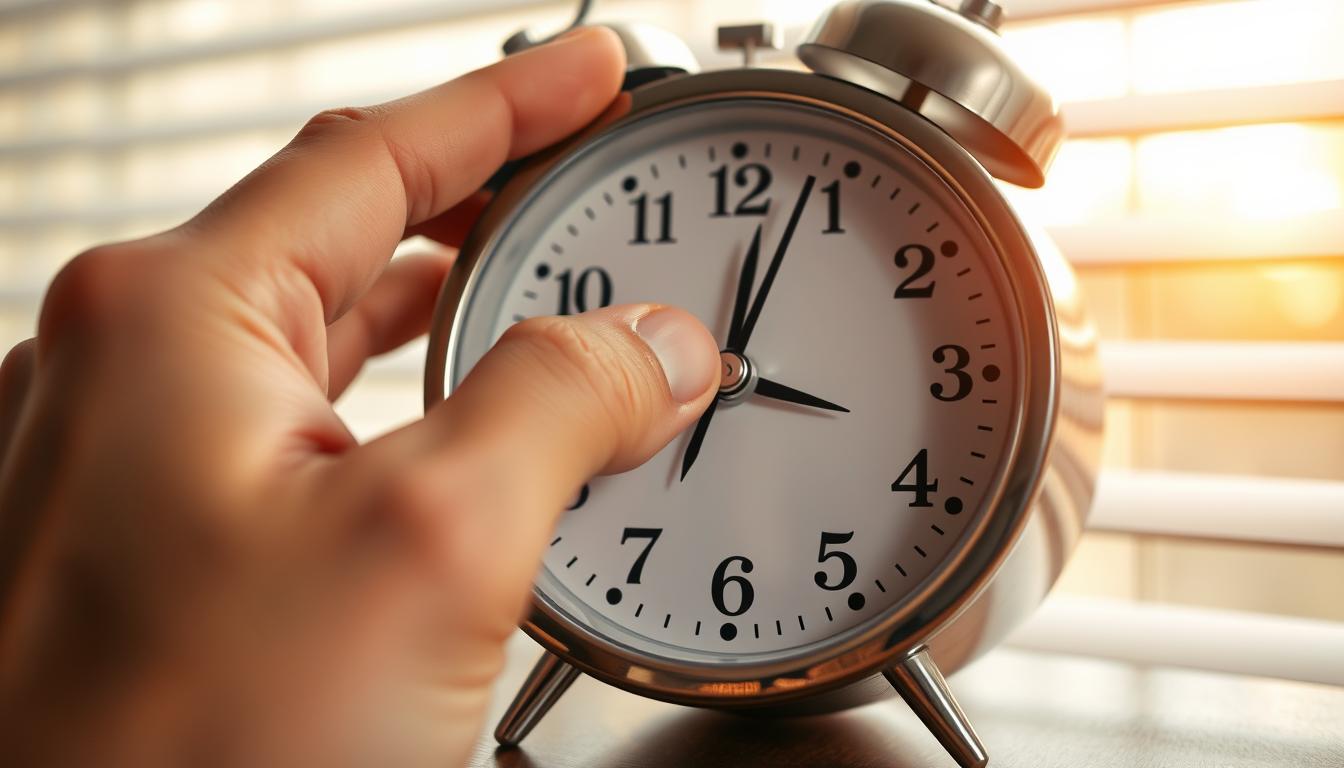 Person struggling to hit the snooze button on an alarm clock showing early morning time