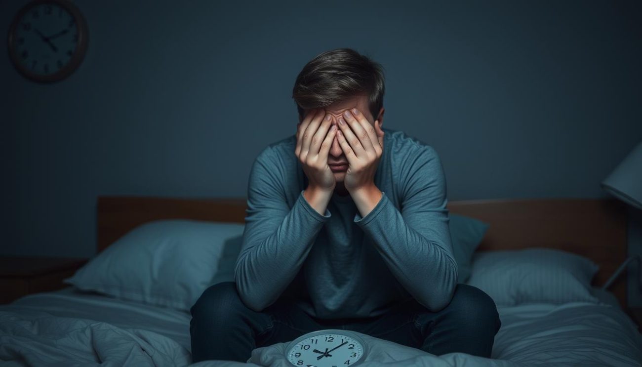 Person struggling with anxiety-induced insomnia at night