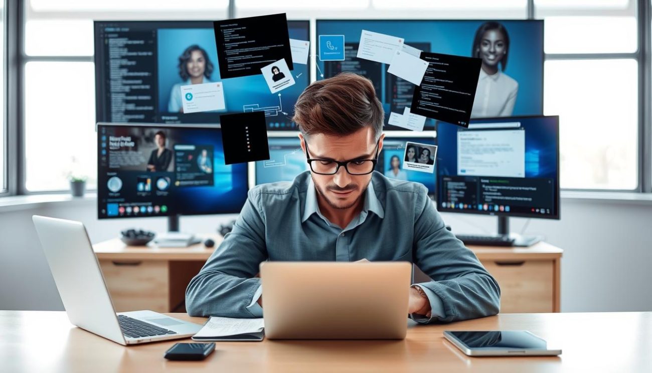 Person struggling with focus while working at computer surrounded by digital distractions, illustrating the need for vitamins for attention and focus Shilajit