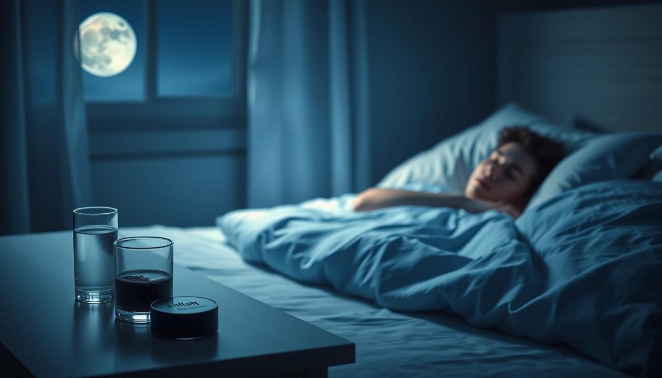 Person struggling with insomnia at night, with Shilajit for insomnia remedy on nightstand
