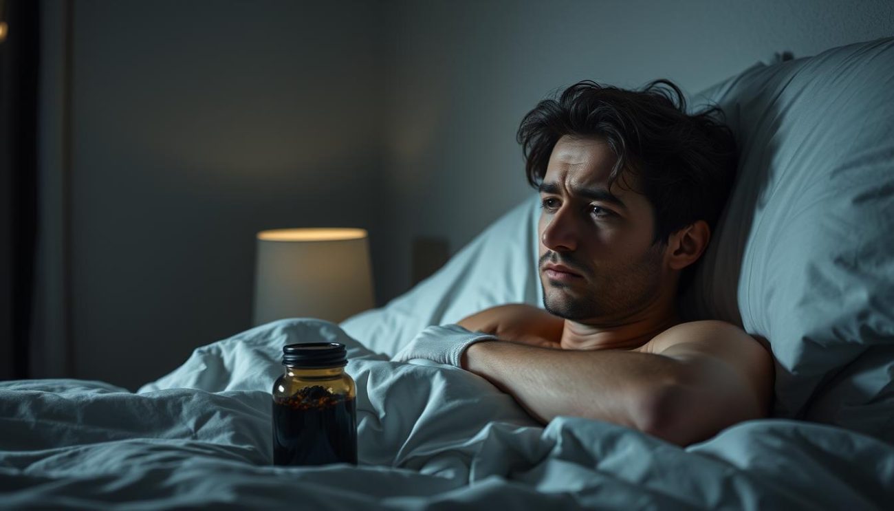 Person struggling with sleeplessness at night with Shilajit resin nearby