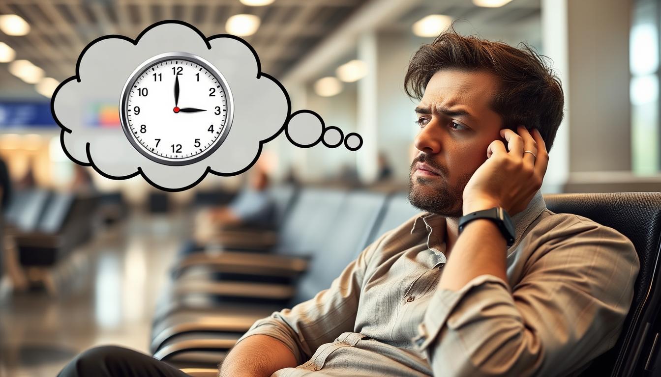 Person suffering from jet lag symptoms while traveling across time zones