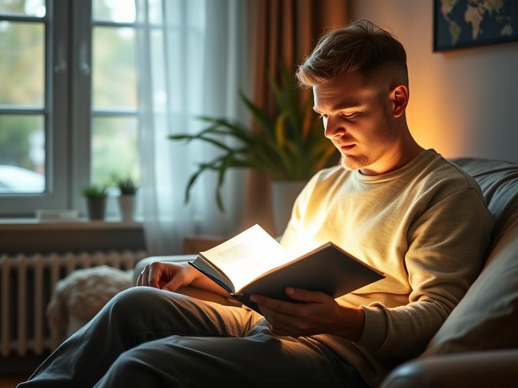 Person using a light therapy box for seasonal affective disorder (SAD) treatment