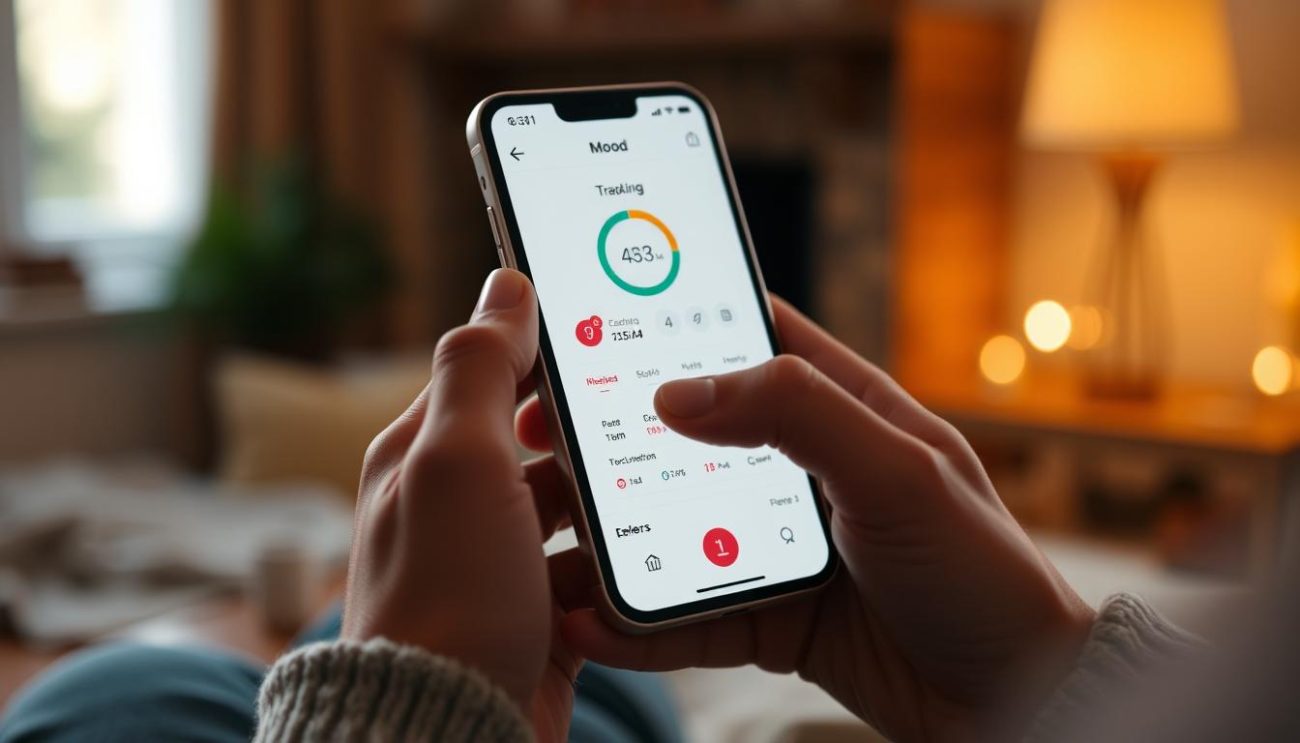Person using mental health app on smartphone to track mood for seasonal affective disorder (SAD)