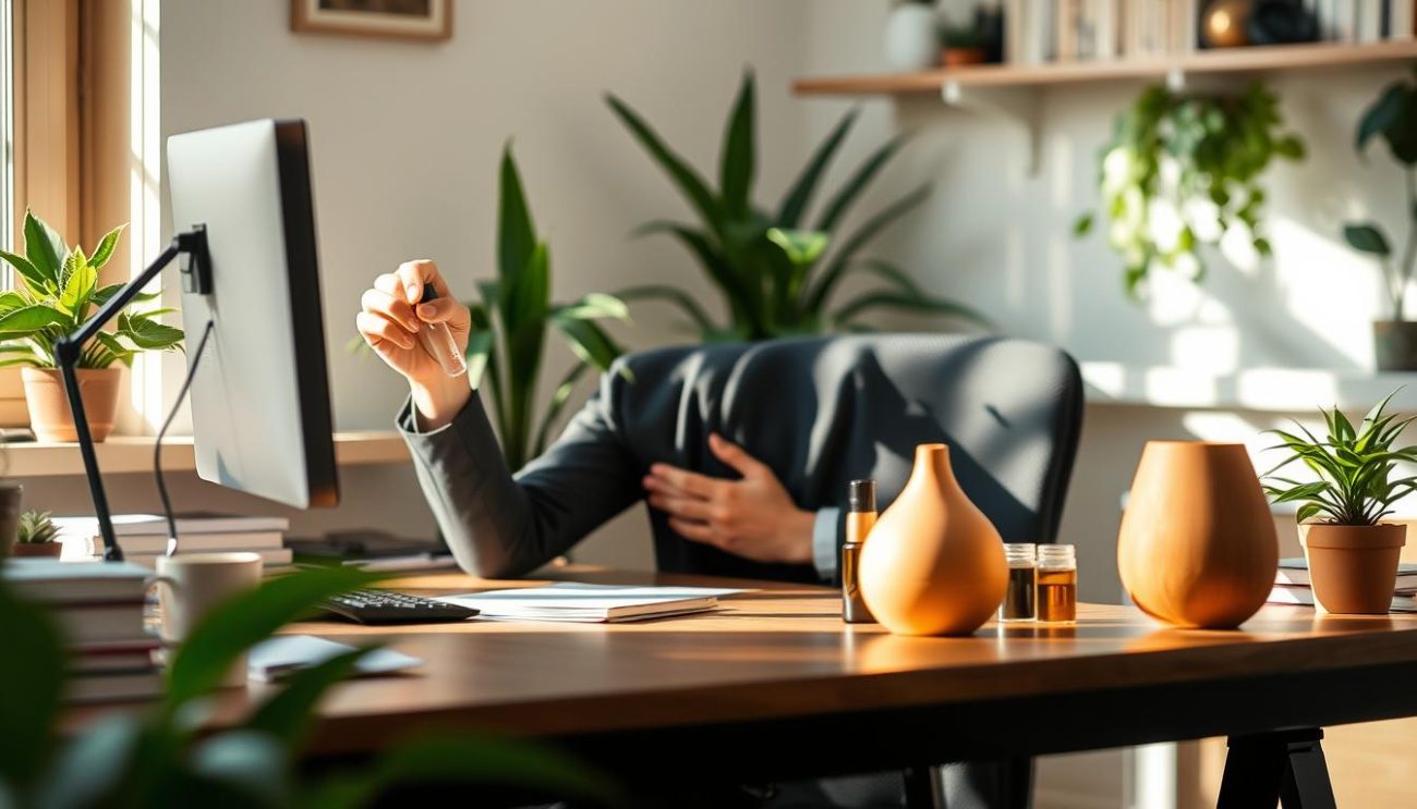 Person using multiple natural remedies for anxiety management at work desk