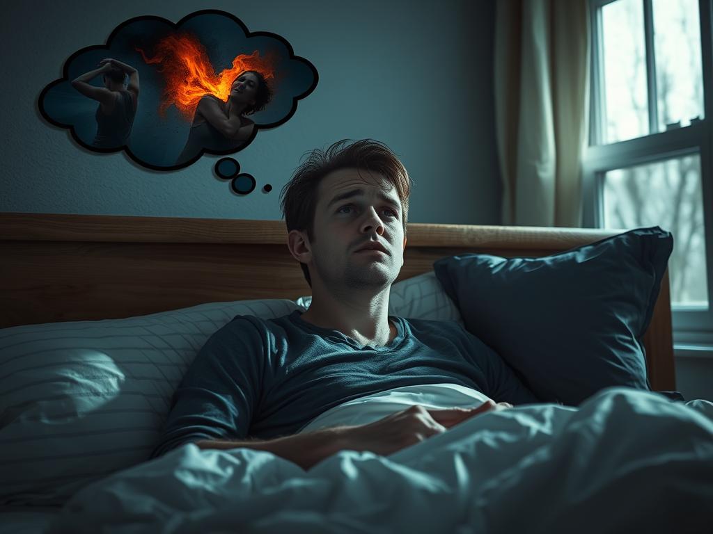Person waking up from a nightmare with visible distress and remembering the dream content
