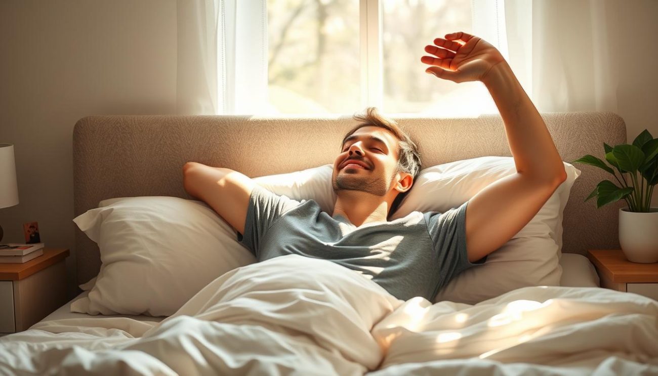 Person waking up refreshed after a full night of uninterrupted sleep