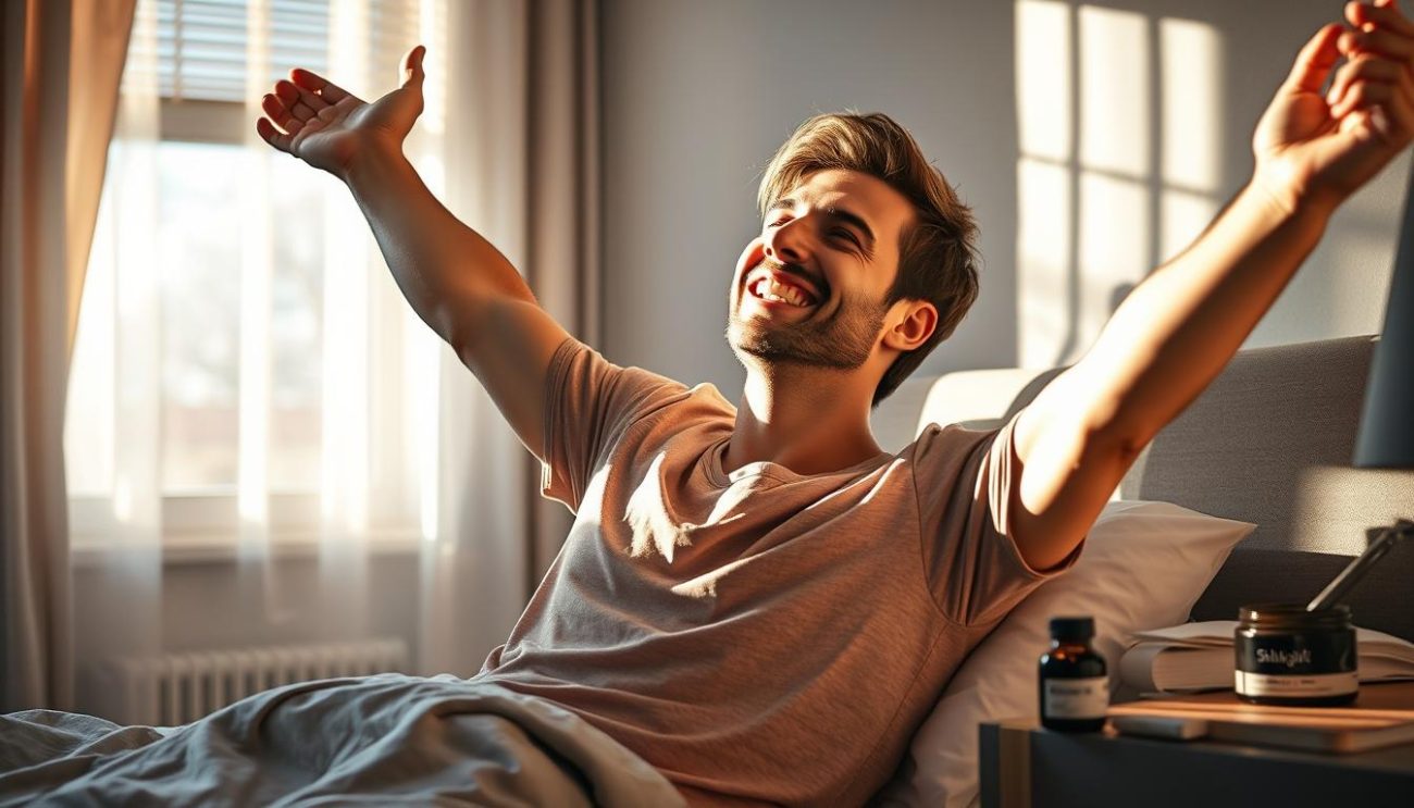 Person waking up refreshed after using Shilajit as part of their evening routine