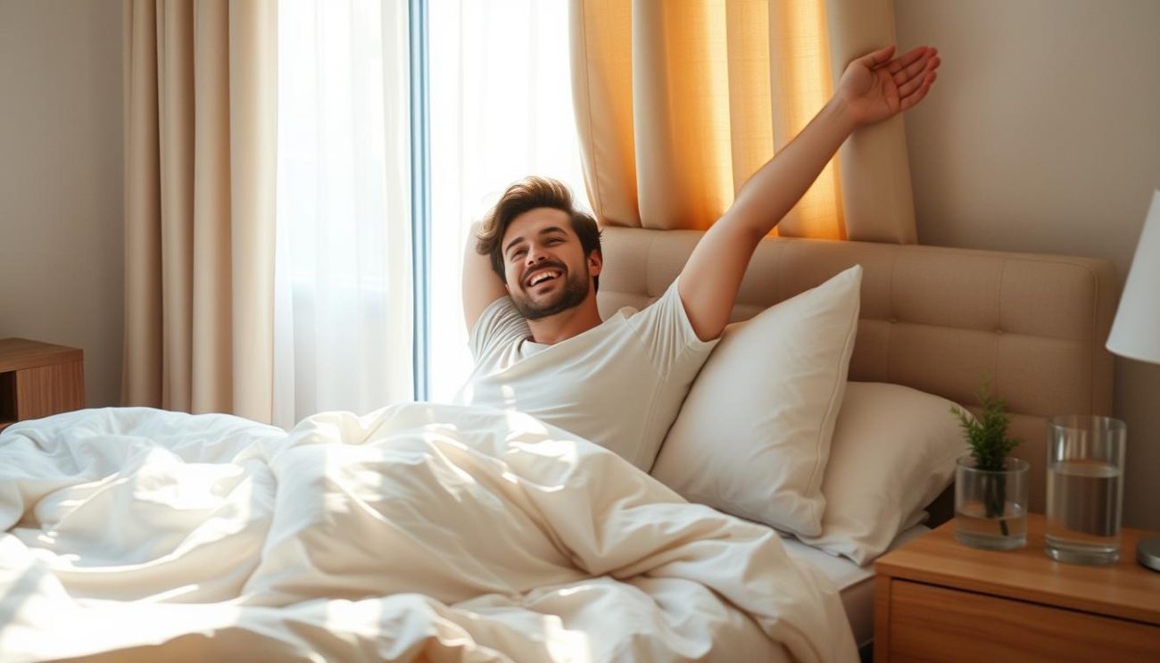 Person waking up refreshed and energized after addressing issues causing tiredness after 8 hours of sleep