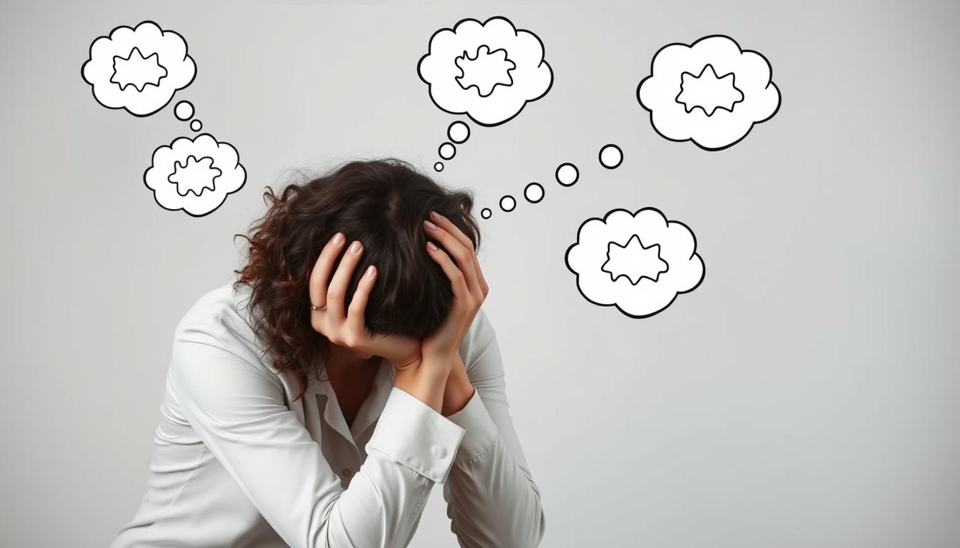 Person with visible thought bubbles showing overthinking patterns and stop overthinking concept