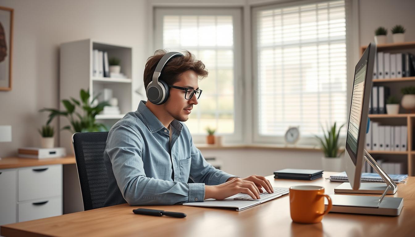 Person working productively at home office setup with noise-canceling headphones