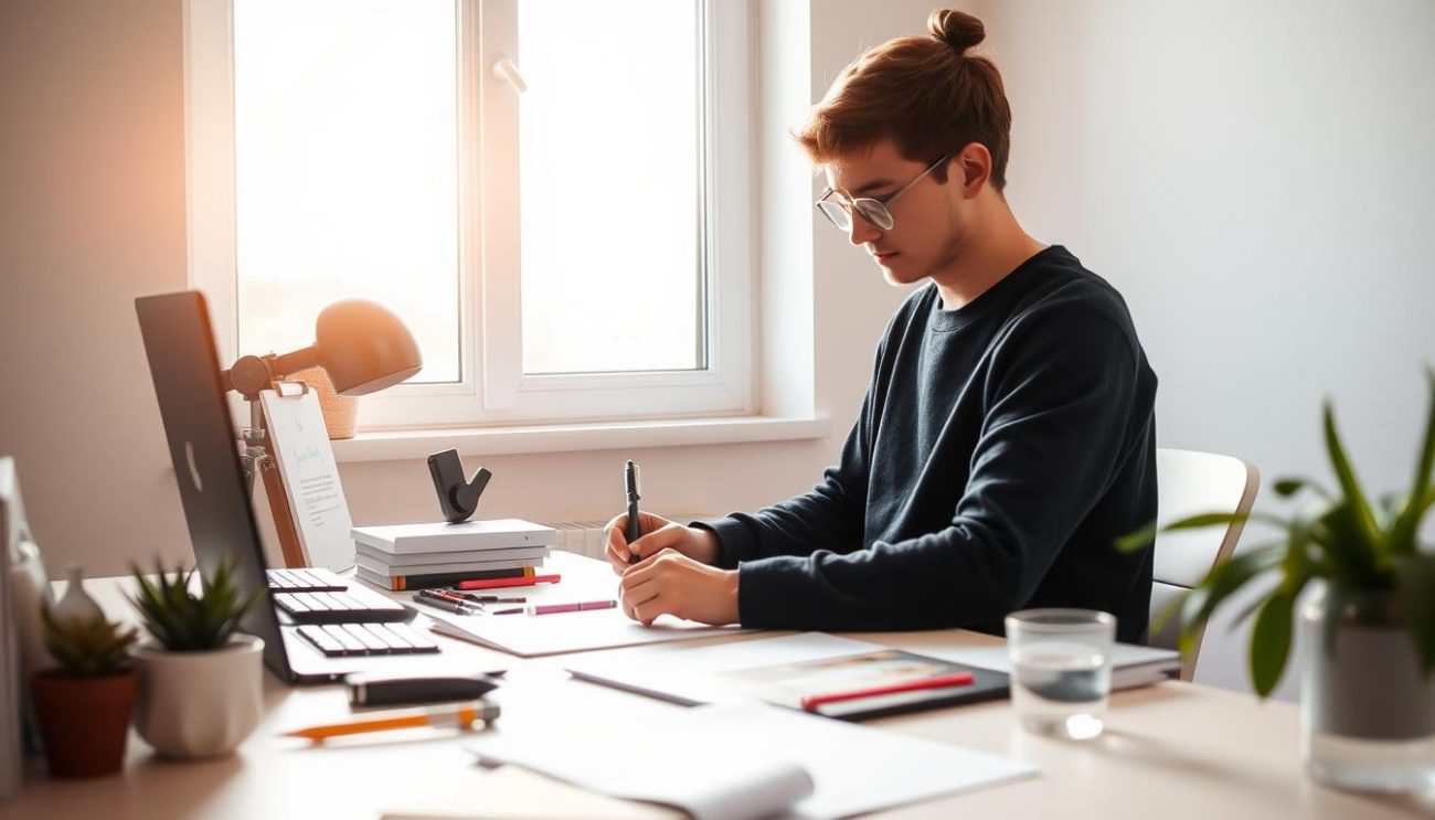 Person writing or creating in peaceful morning environment, showing creative benefits of waking up early