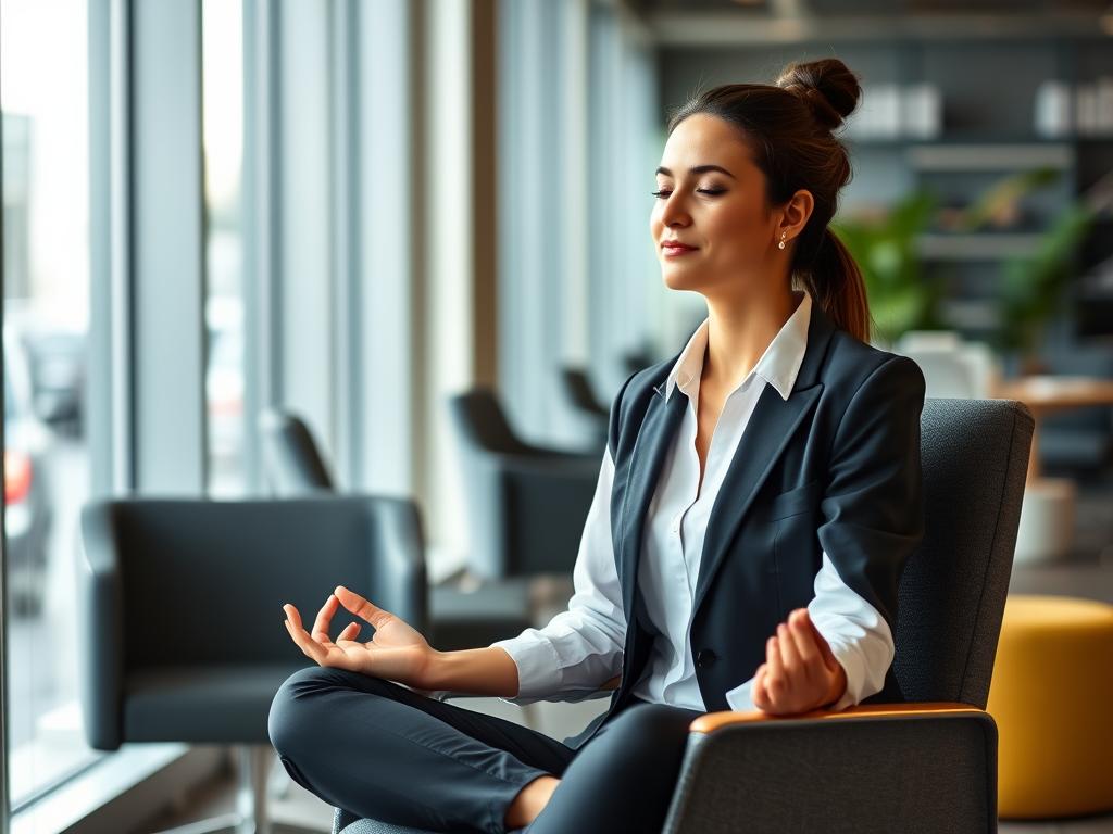 Professional practicing mindfulness meditation during work break to reduce anxiety