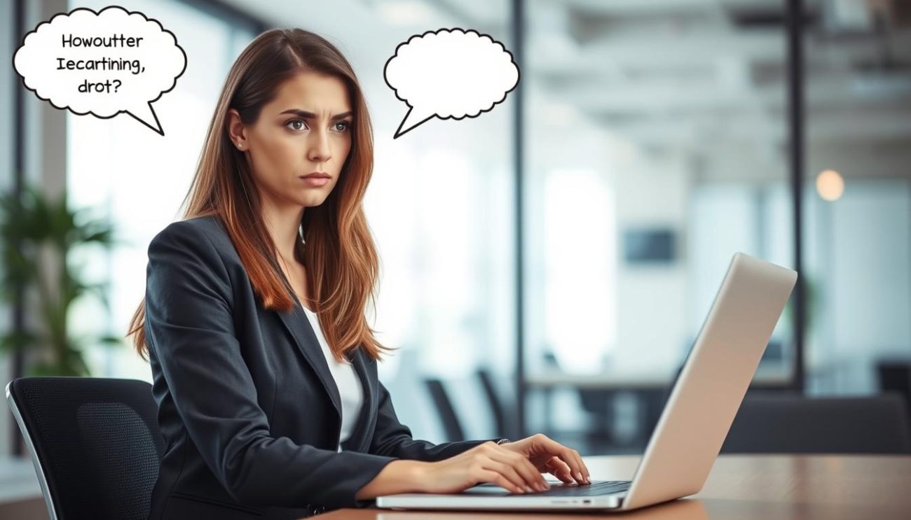 Professional woman looking uncertain at her laptop, illustrating imposter syndrome at work