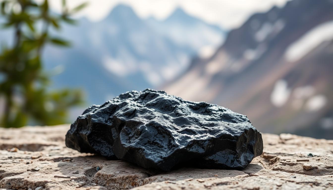 Pure Himalayan Shilajit resin in its natural form, showing its dark, tar-like appearance with the Himalayan mountains in the background