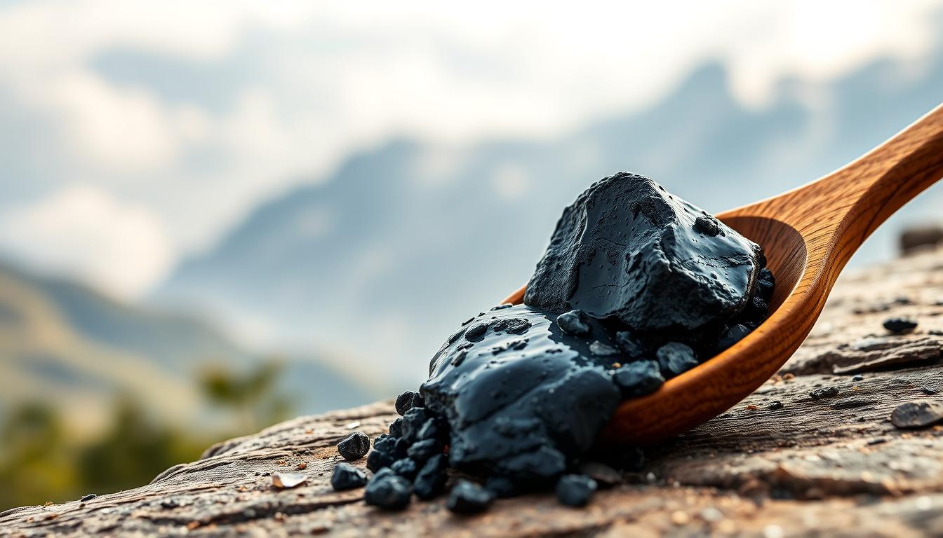 Pure Himalayan Shilajit resin on a wooden spoon with mountains in background