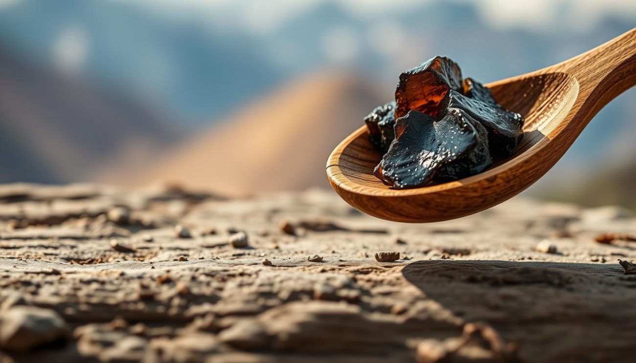 Pure Shilajit resin on a wooden spoon against a backdrop of Himalayan mountains, highlighting its natural origins as a sleep aid