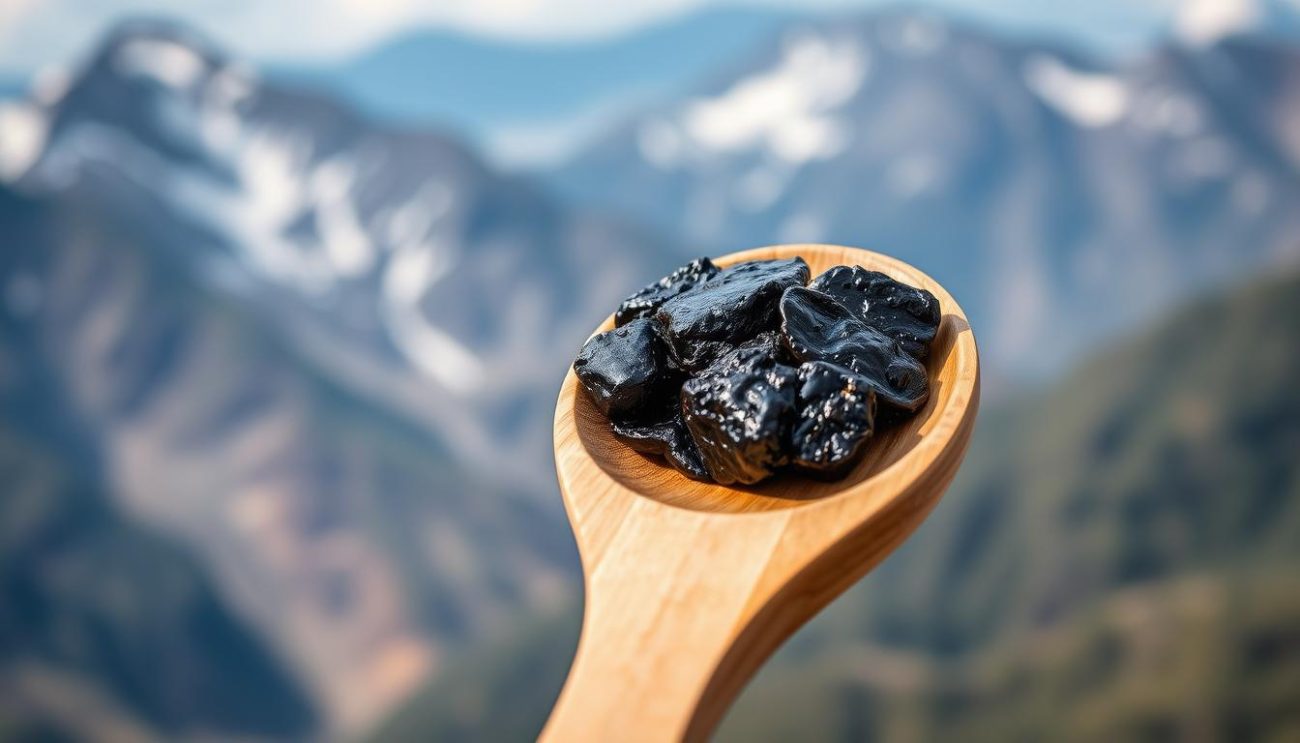 Pure Shilajit resin on a wooden spoon with Himalayan mountains in background