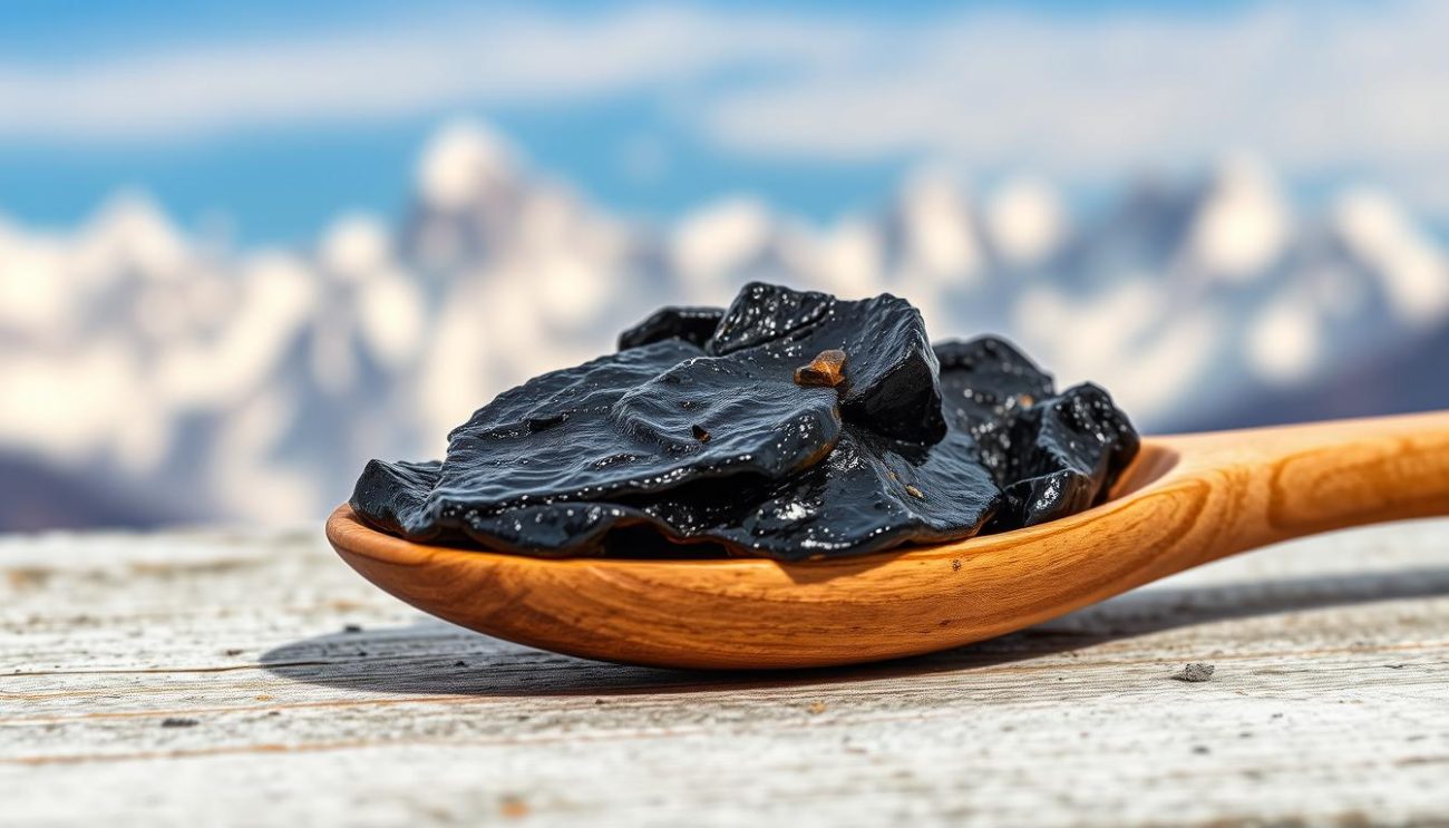 Pure Shilajit resin on a wooden spoon with Himalayan mountains in background