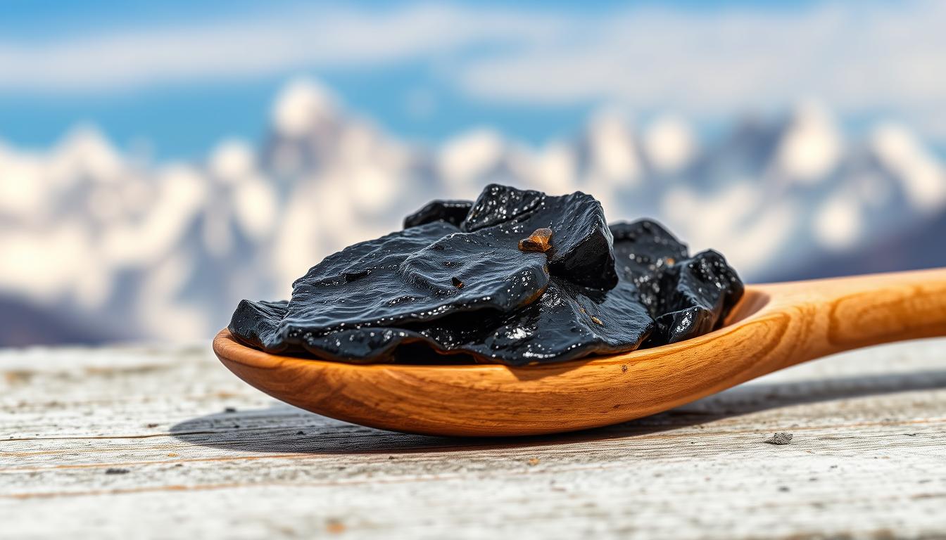 Pure Shilajit resin on a wooden spoon with Himalayan mountains in background