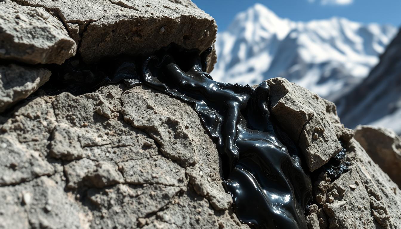 Pure shilajeet resin oozing from Himalayan rocks at high altitude