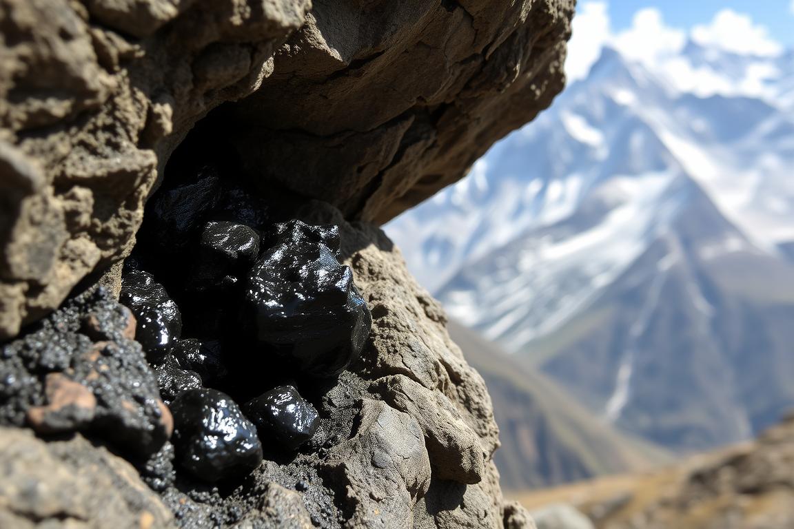 Raw Shilajit for RLS being harvested from Himalayan rocks
