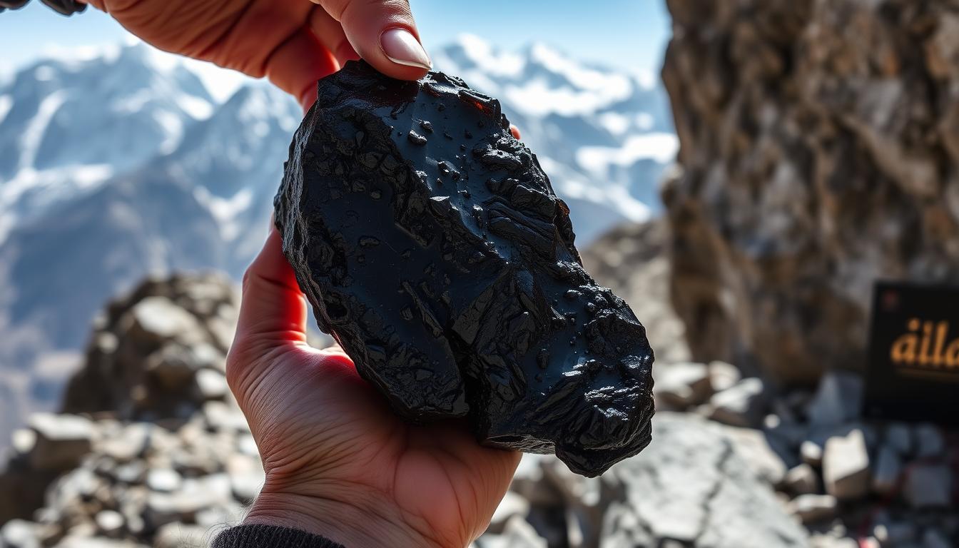 Raw Shilajit resin being collected from Himalayan mountains for menopause relief