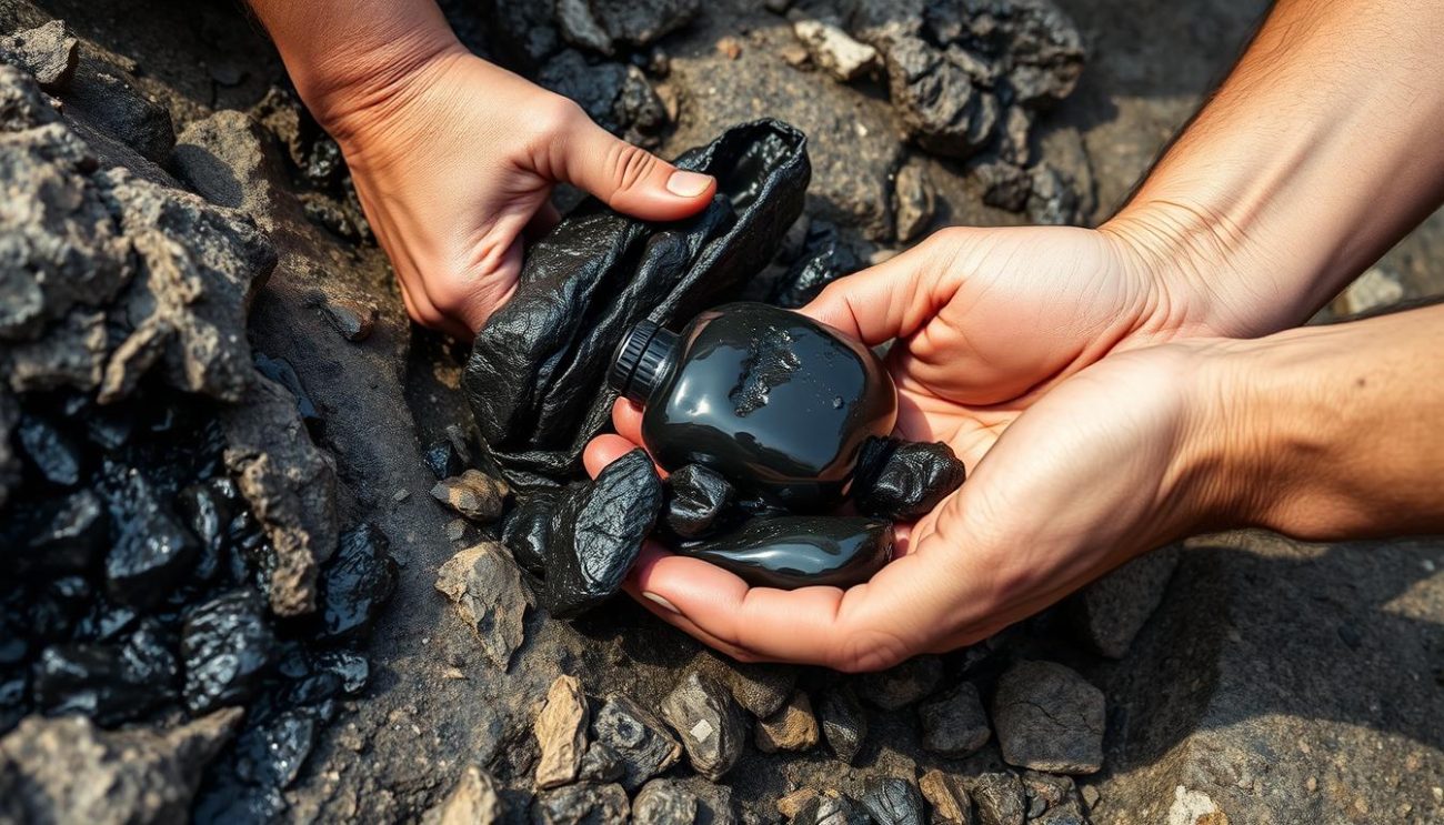 Raw Shilajit resin being collected from Himalayan rocks for testosterone boosting supplements
