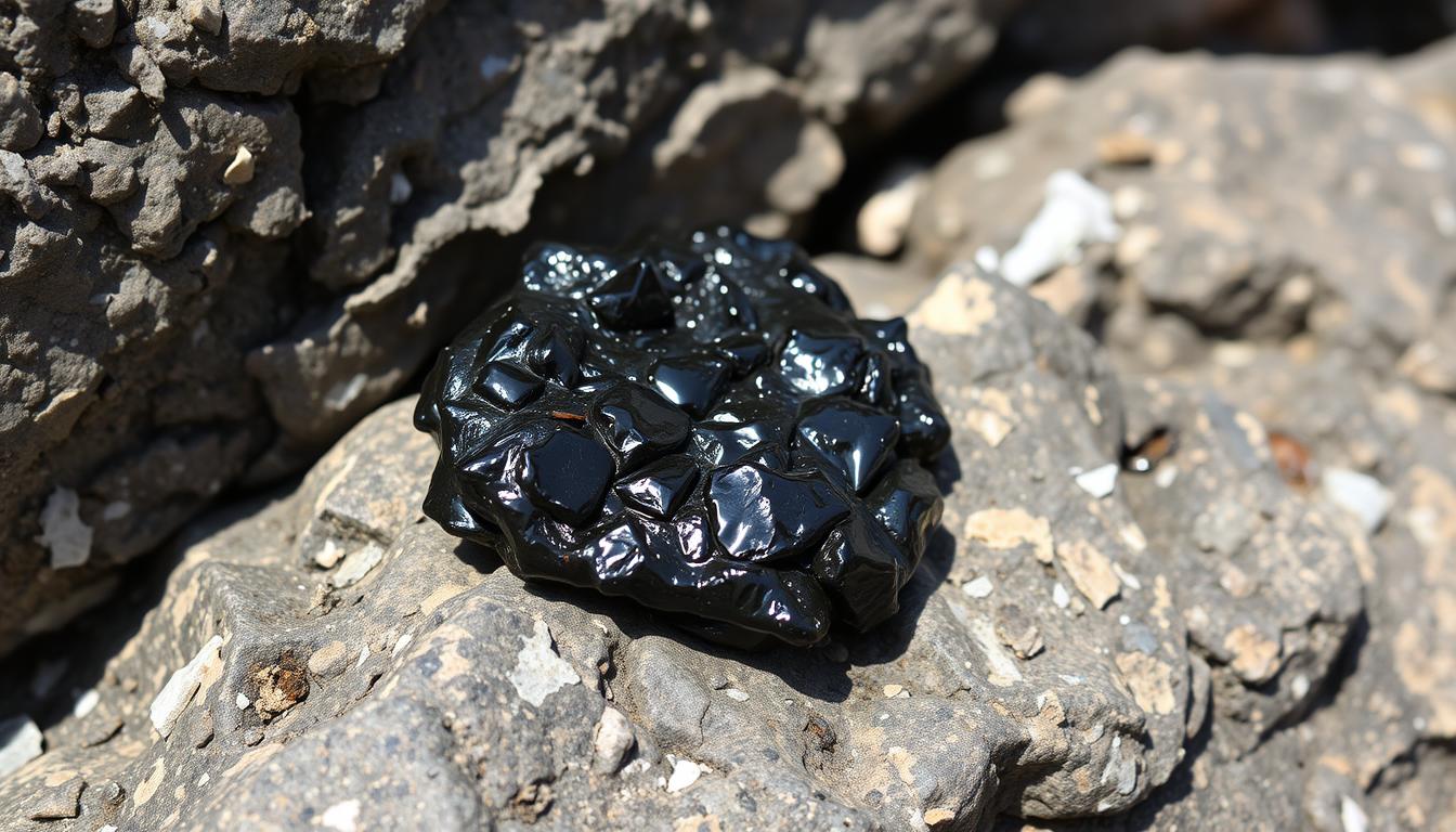 Raw Shilajit resin being collected from Himalayan rocks, showing its dark, sticky appearance for treating insomnia