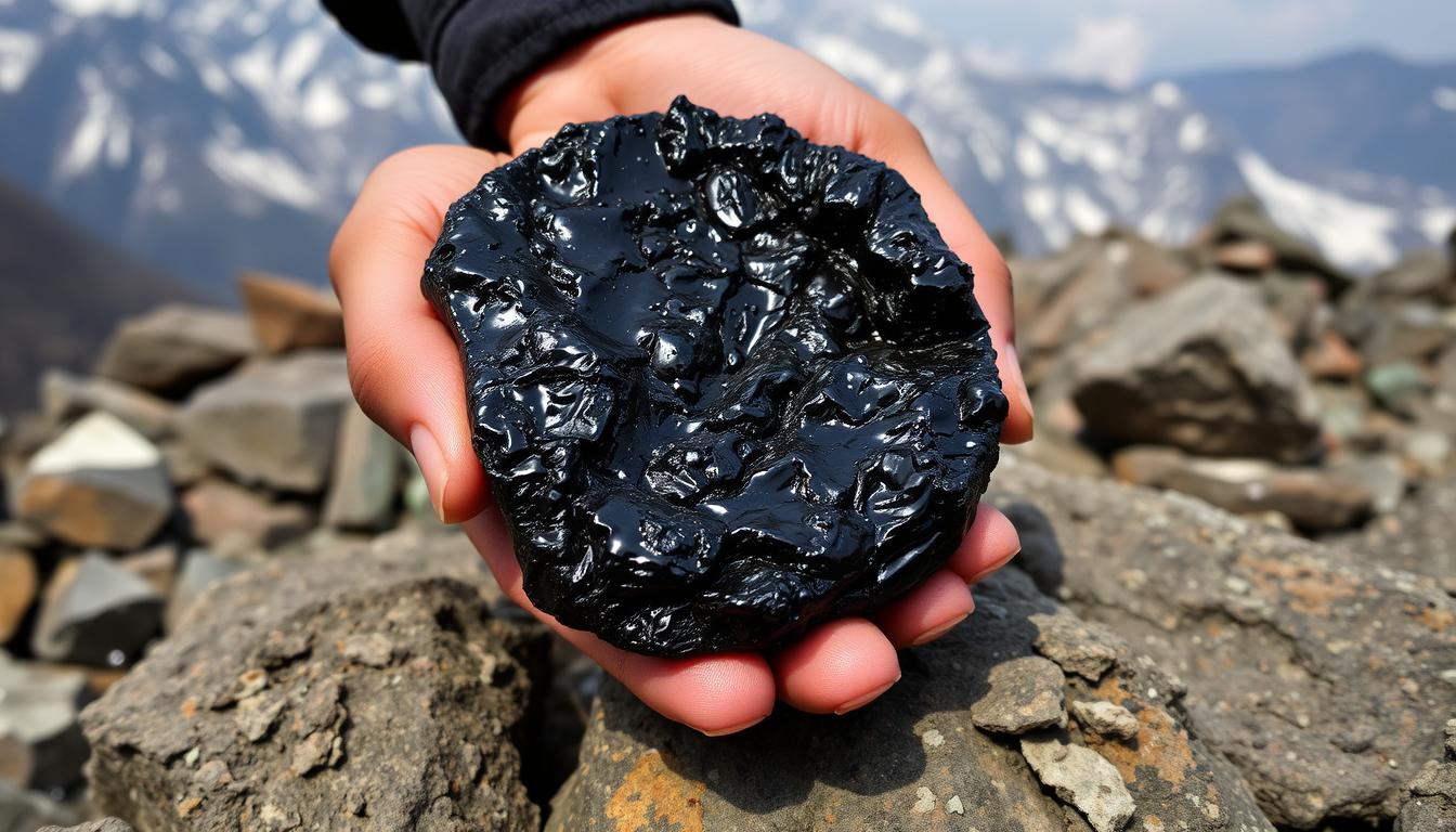 Raw Shilajit resin being collected from Himalayan rocks, showing its dark, sticky texture