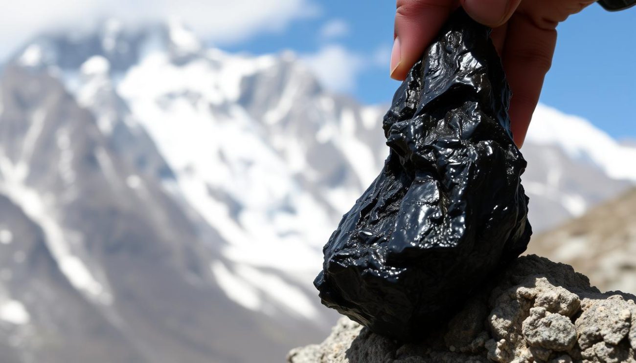 Raw Shilajit resin being collected from Himalayan rocks, showing its dark, tar-like appearance in its natural state