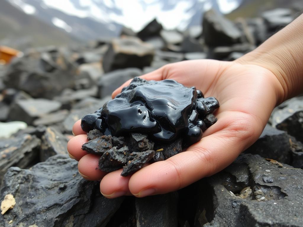Raw Shilajit resin being collected from Himalayan rocks, showing its dark, tar-like appearance and sticky texture