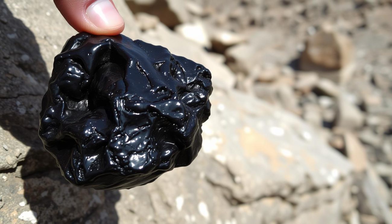 Raw Shilajit resin being collected from Himalayan rocks, showing its natural dark appearance as a testosterone enhancer
