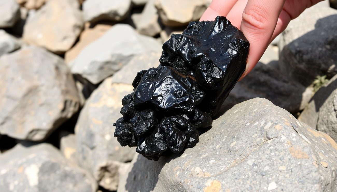 Raw Shilajit resin being extracted from Himalayan rocks, showing its dark, tar-like appearance - best testosterone booster Shilajit