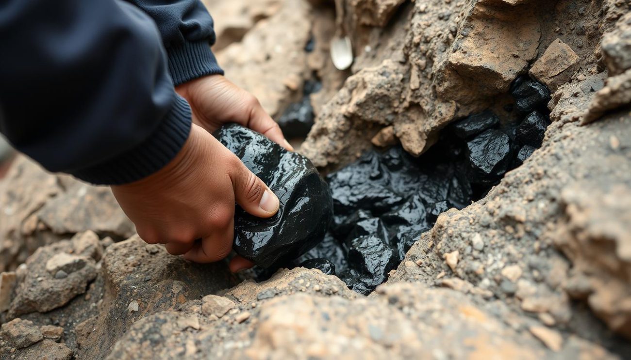 Raw Shilajit resin being harvested from Himalayan mountain crevices for natural stress relief