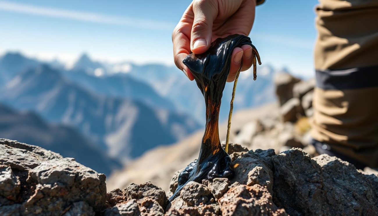 Raw Shilajit resin being harvested from Himalayan rocks at high altitude, showing its natural dark appearance and sticky texture