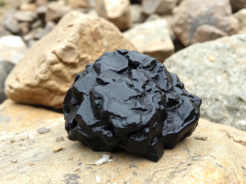 Raw Shilajit resin being harvested from Himalayan rocks, showing its dark, sticky appearance