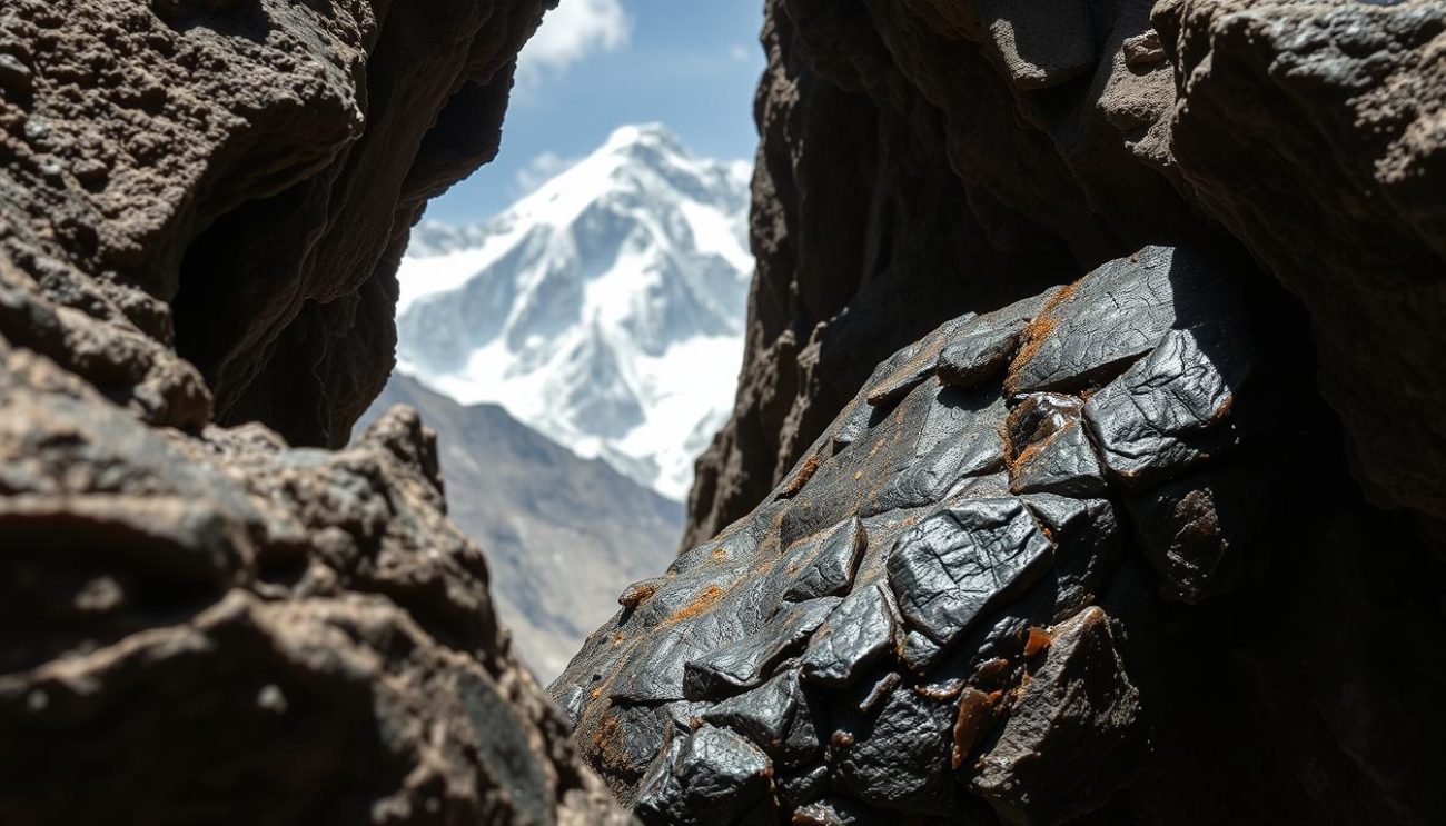 Raw Shilajit resin being harvested from high-altitude Himalayan rocks