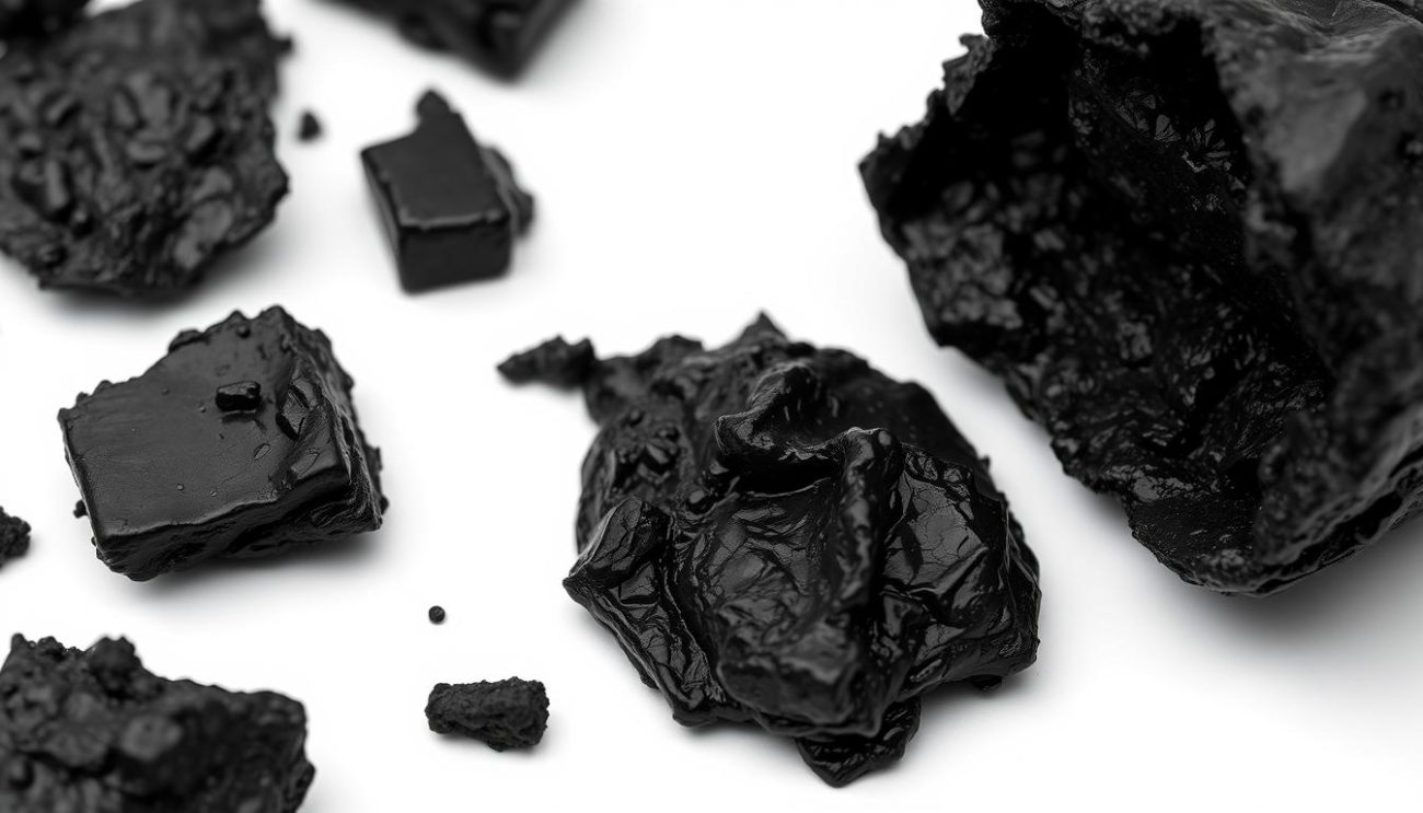 Raw Shilajit resin extracted from Himalayan mountains showing its dark, tar-like appearance