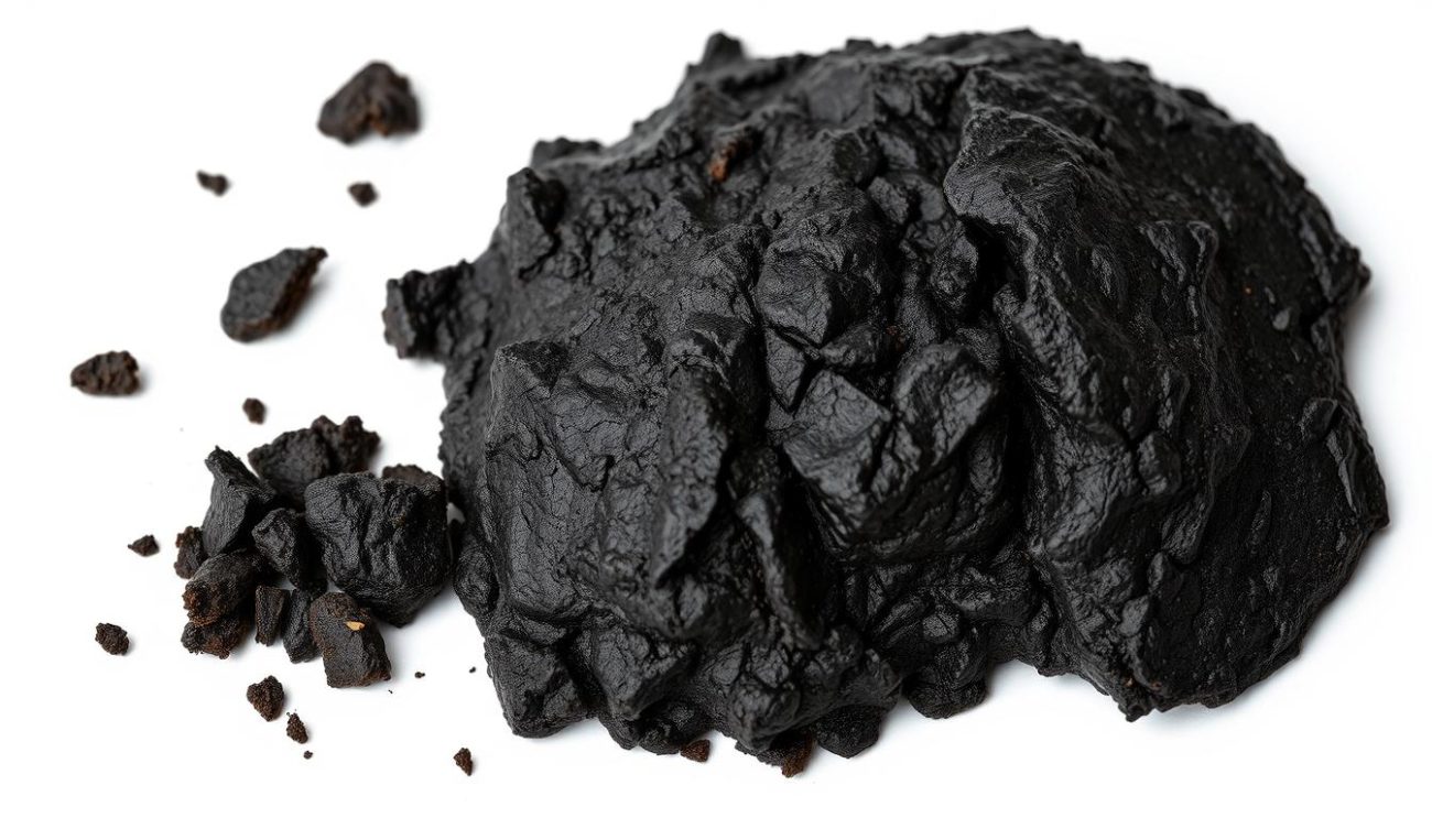 Raw Shilajit resin extracted from Himalayan mountains, showing its dark, tar-like appearance