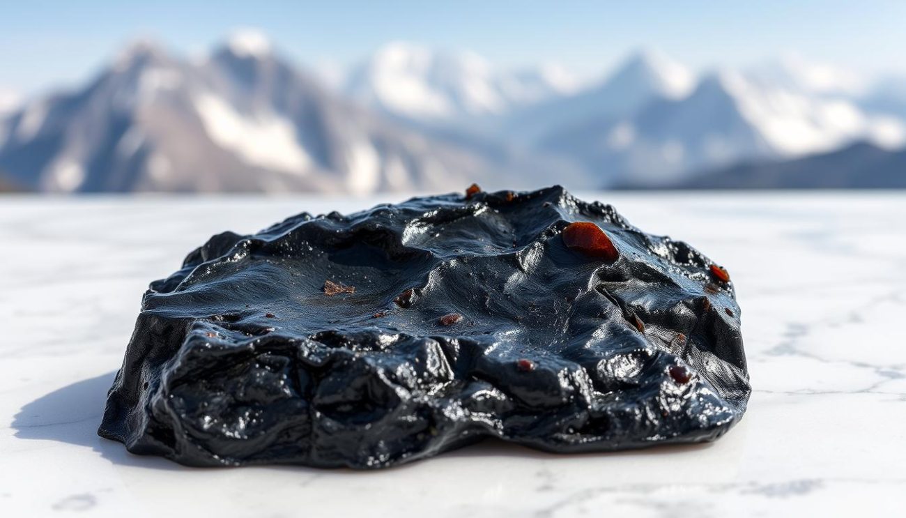 Raw Shilajit resin from Himalayan mountains showing its dark, sticky texture