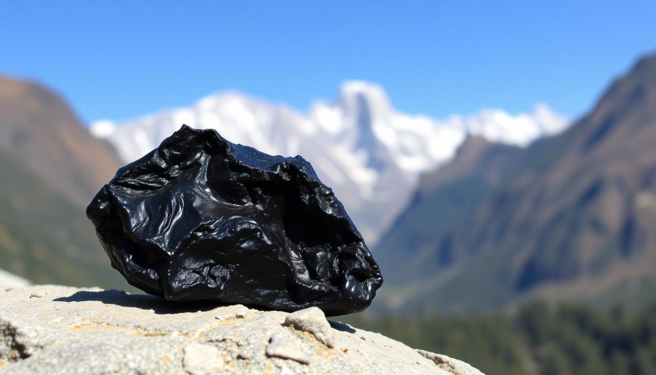 Raw Shilajit resin from Himalayan mountains showing its dark, tar-like appearance
