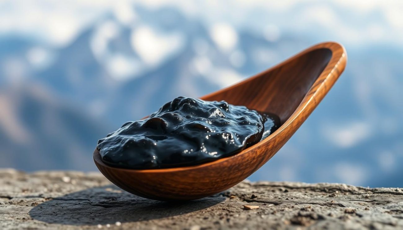 Raw Shilajit resin on a wooden spoon with Himalayan mountains in background