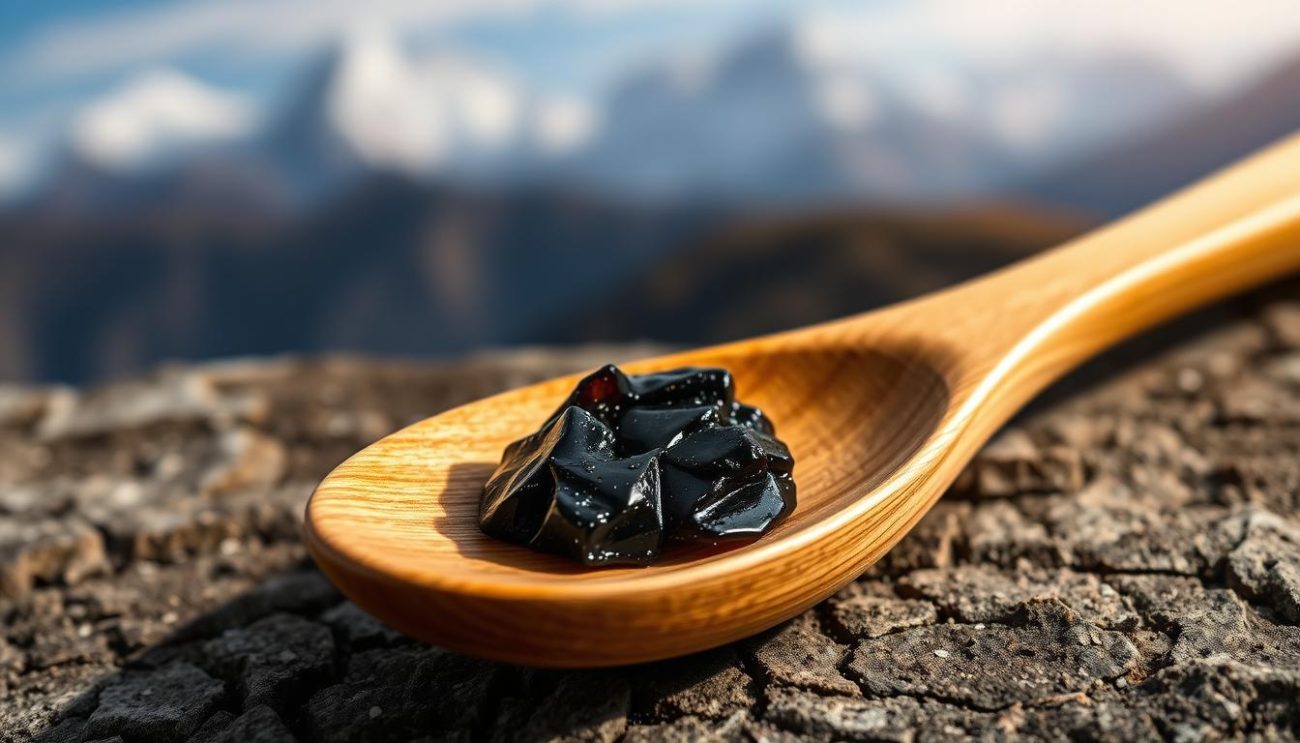Raw Shilajit resin on a wooden spoon with Himalayan mountains in background