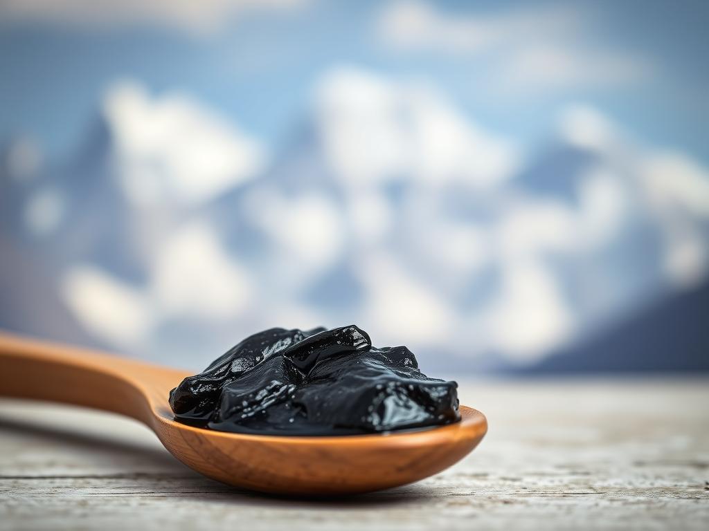 Raw Shilajit resin on a wooden spoon with Himalayan mountains in background