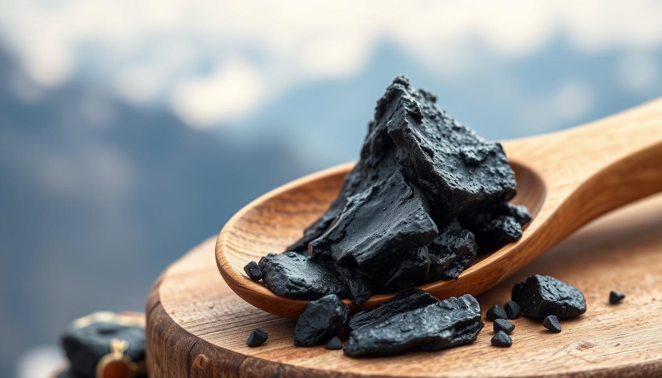 Raw Shilajit resin on a wooden spoon with Himalayan mountains in background